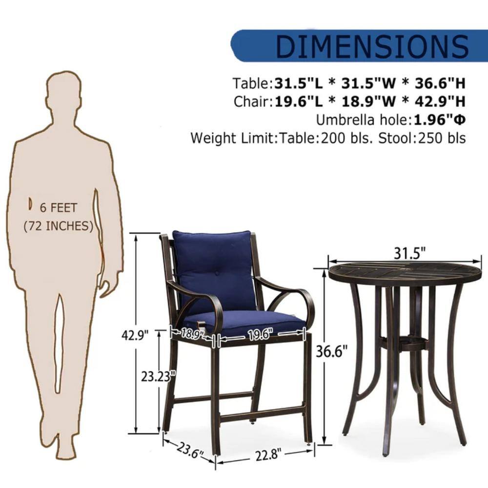 PURPLE LEAF Modern 5-Piece Cast Aluminum Outdoor Bistro Set with Back and Arm Navy Blue Cushion Counter Height Metal Bar Chairs