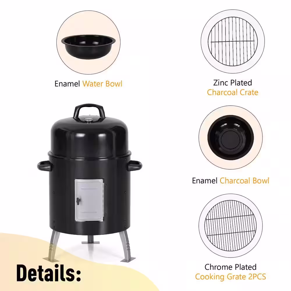 None 17 in. Charcoal Smoker in Black with Cover and Built-In Thermometer