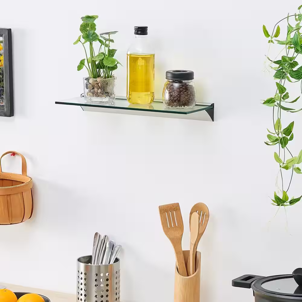 DANYA B 16 in. Modern Clear Glass Floating Shelf on Aluminum Bar