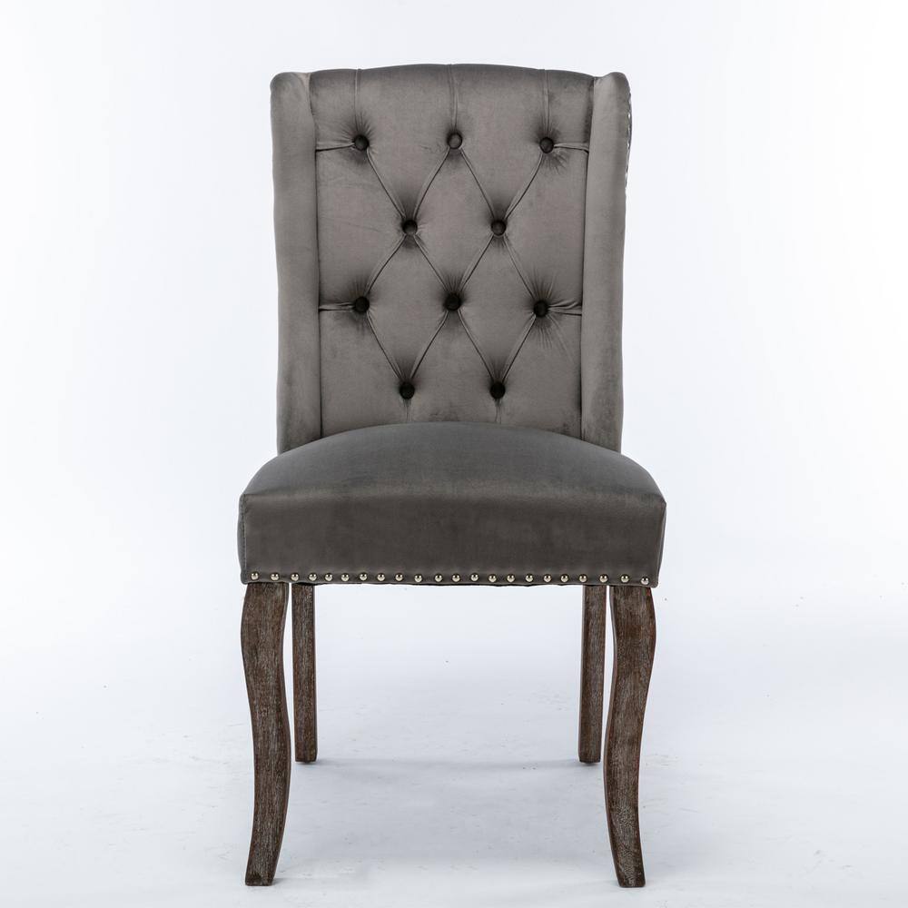 None Gray Velvet Wing Back Chair, Tufted Upholstered Dining Chair, Living Room Kitchen Chair with Nail Head (Set of 2)