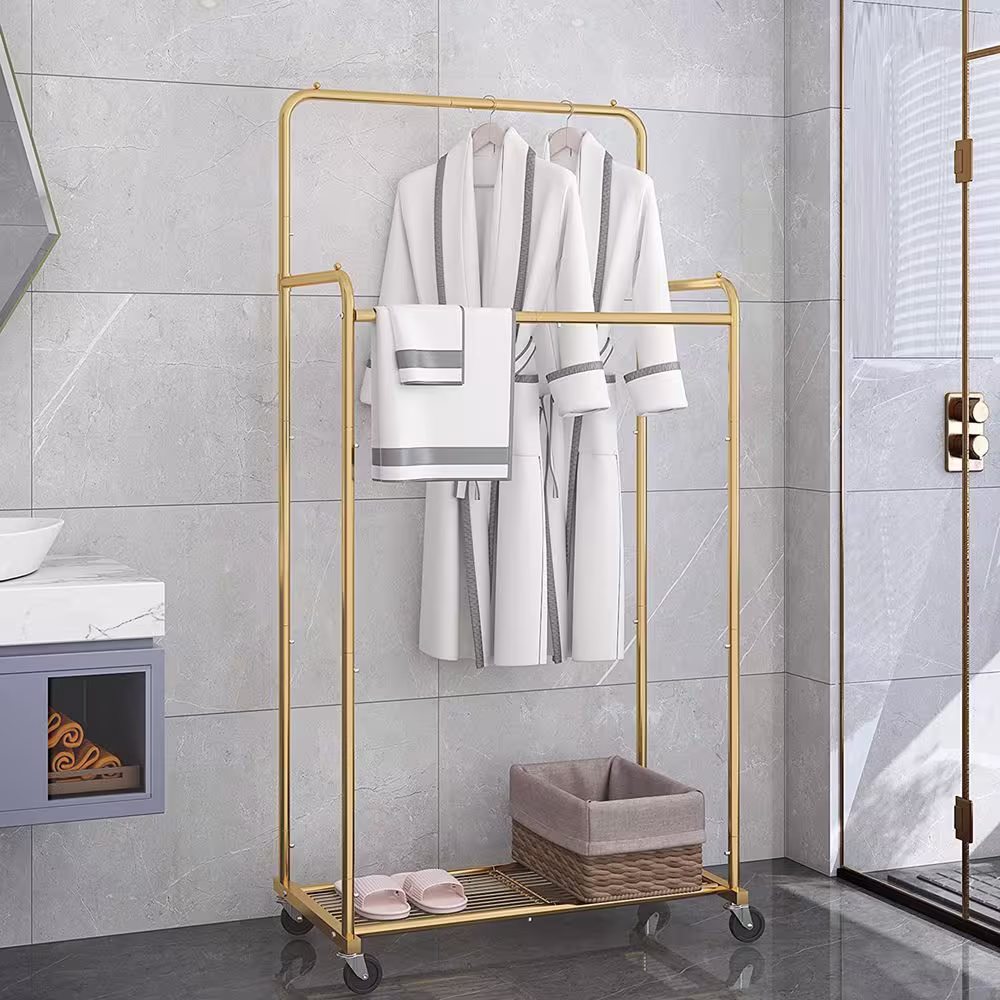 None Gold Metal Garment Clothes Rack With Double Rod 29 in. W x 60 in. H