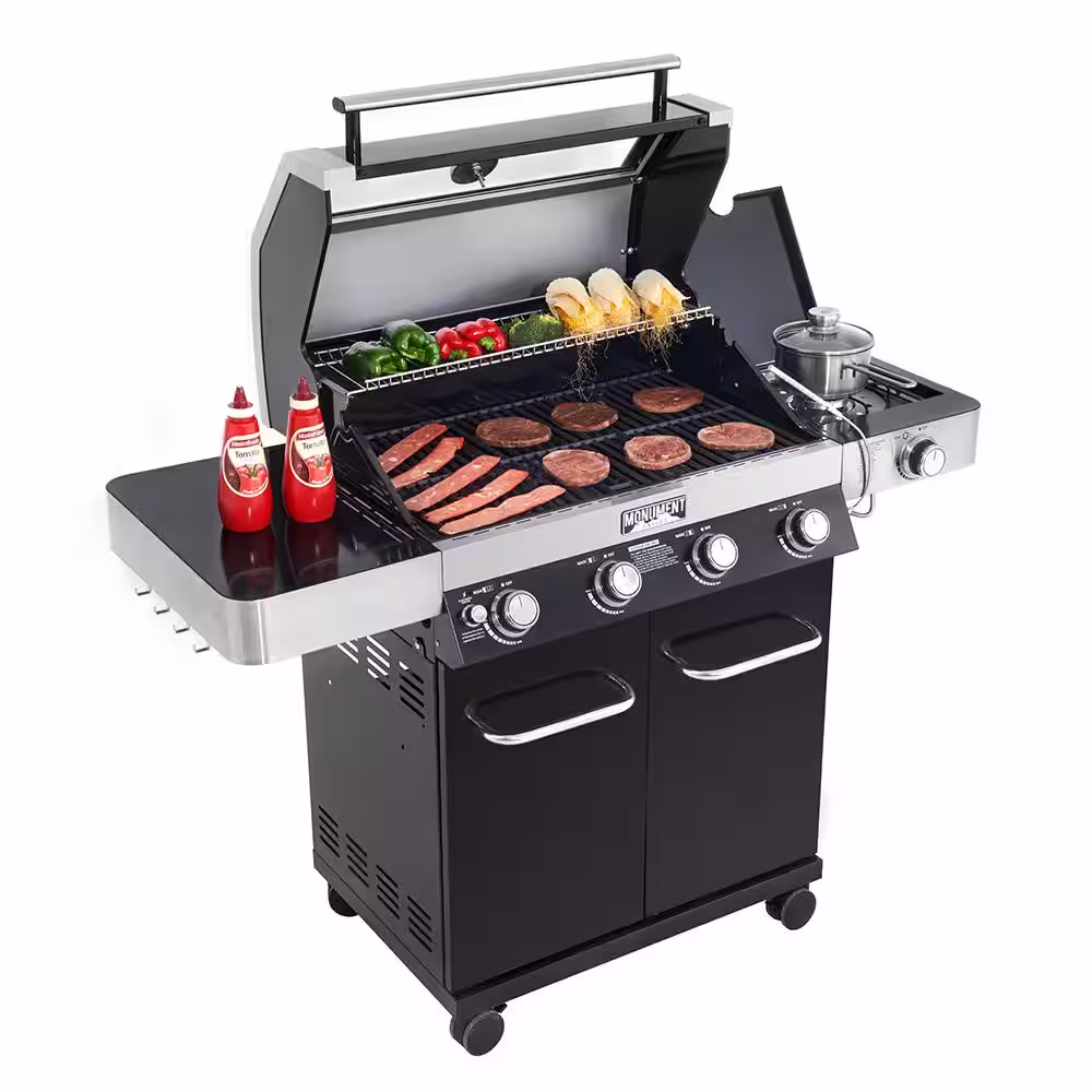 Monument Grills 4-Burner Propane Gas Grill in Black with ClearView Lid, LED Controls, Side Burner and USB Light