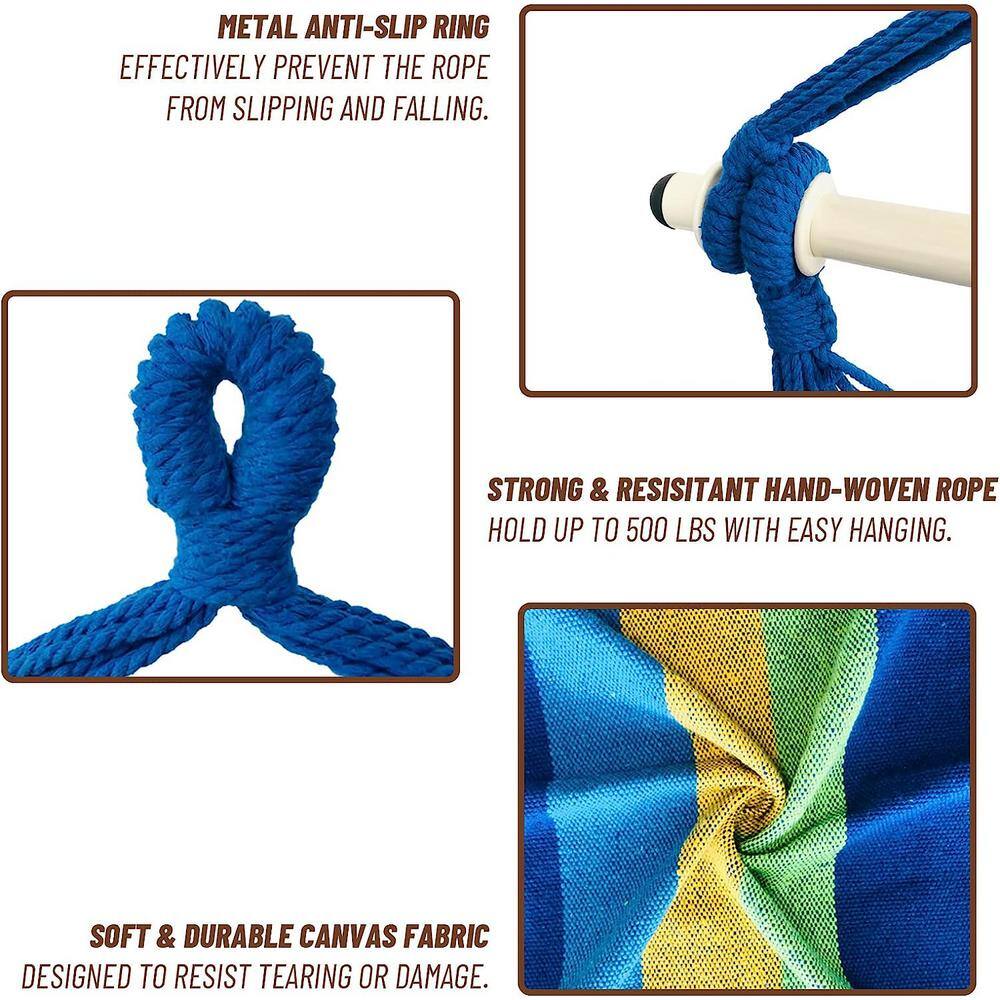 None Hammock Chair Hanging Rope Swing - Max 500 lbs. 2-Cushions Included - Steel Spreader Bar with Rings (Blue Striped)