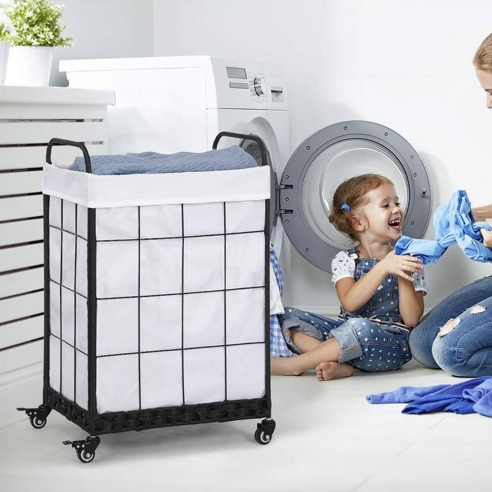 None 19 in. W x 14 in. D x 29 in. H Fabric Laundry Basket Hamper with Rolling Wheels White