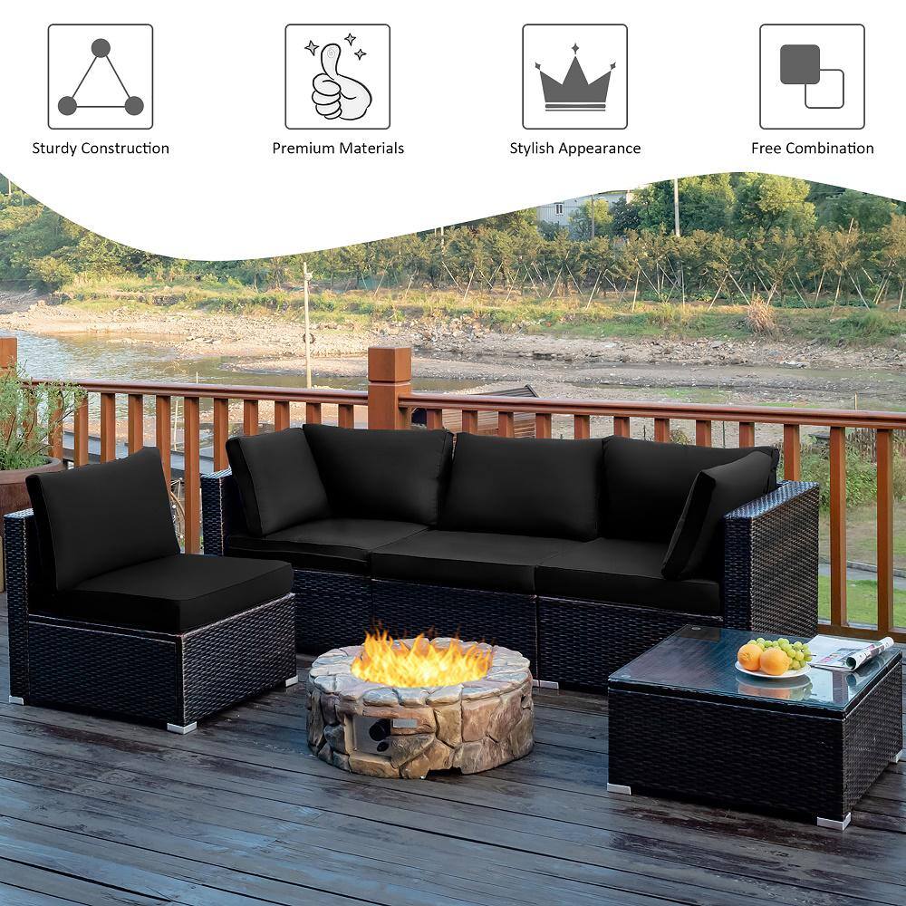 Costway Black 5-Piece Wicker Steel Patio Furniture Set with Black Cushions
