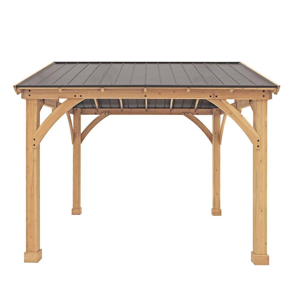 Yardistry Carolina 11 ft. x 13 ft. Premium Cedar Shade Pavilion with Coffee Brown Aluminum Roof and UV resistant Phifer Mesh Kit