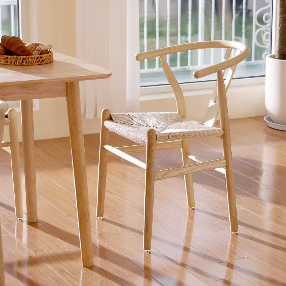 Merra Oak Classic Wishbone Dining Chairs with Hand-Woven Paper Cord Seats and Horseshoe Armrests (Set of 2)