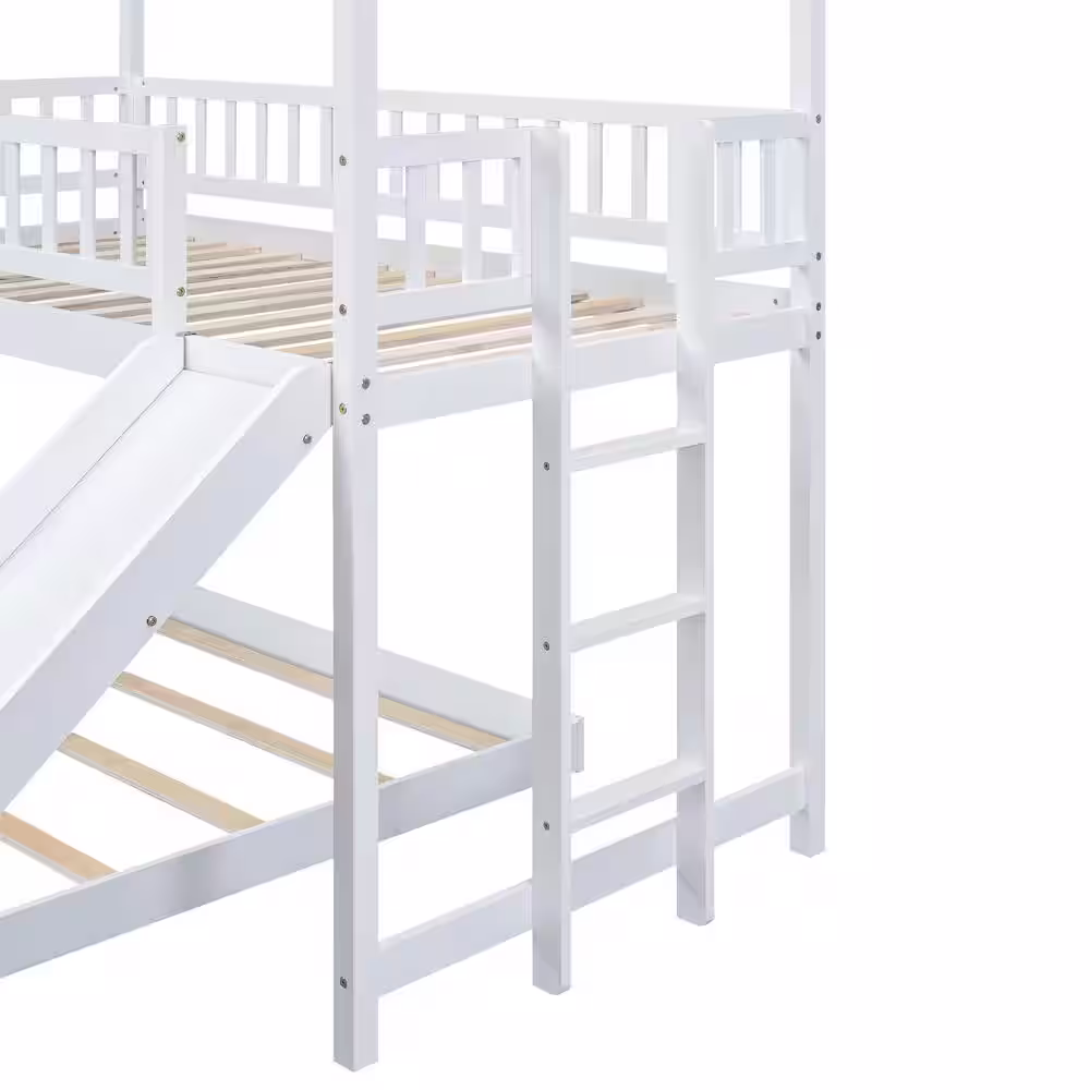 Harper & Bright Designs L-Shaped White Twin over Full Wood House Bunk Bed with Built-in Ladder and Slide
