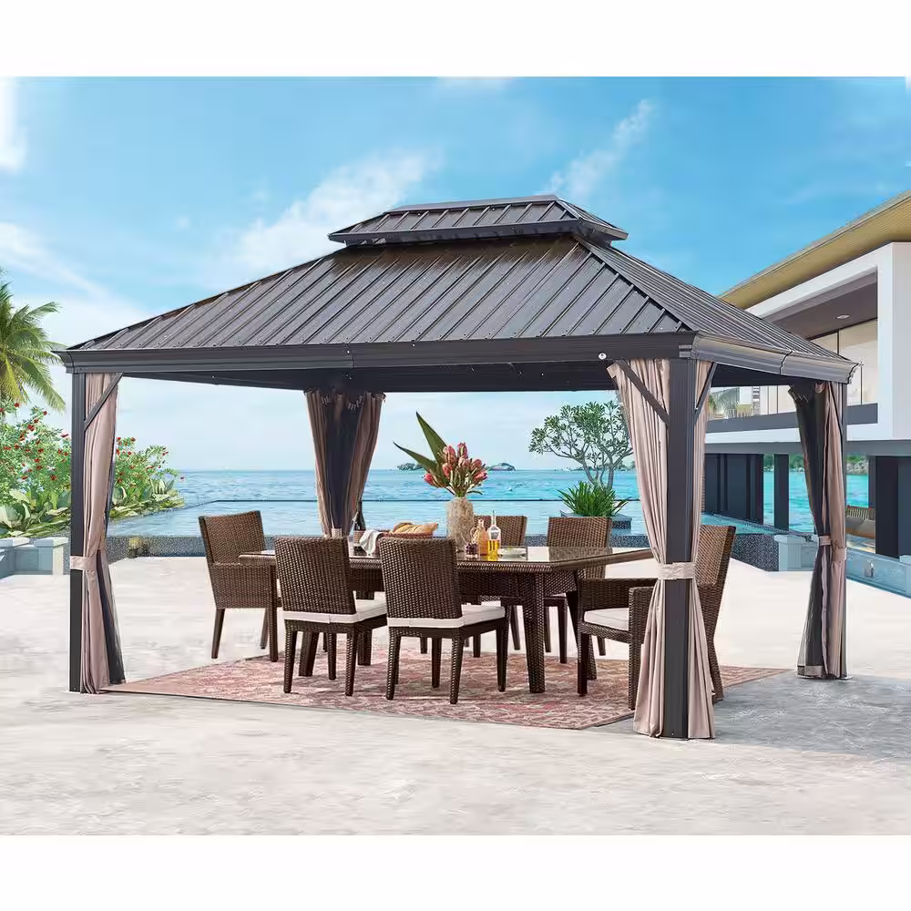 None 10 ft. x 12 ft. Aluminum Hardtop Gazebo with Galvanized Steel Roof and Mosquito Net