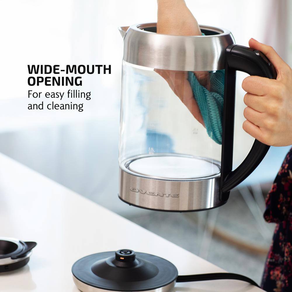 OVENTE 7-Cup 1.7 l Silver Glass Electric Kettle with ProntoFill Technology-Fill Up with Lid On