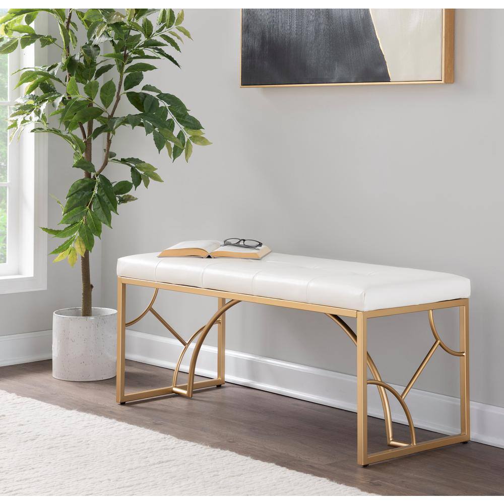 Lumisource Constellation White Faux Leather and Gold Metal 43.5 in. Bedroom Bench (21 in. H x 43.5 in. W x 18 in. D)