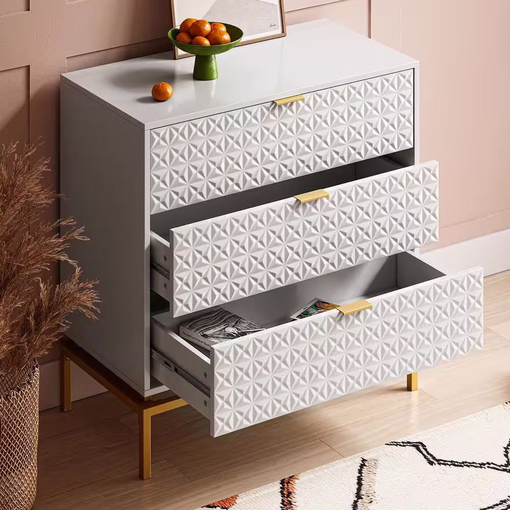 JAYDEN CREATION Vico Mid-century White 31 in. Tall Embossed Pattern 3 Drawer Storage Cabinet Set with a Metal Base