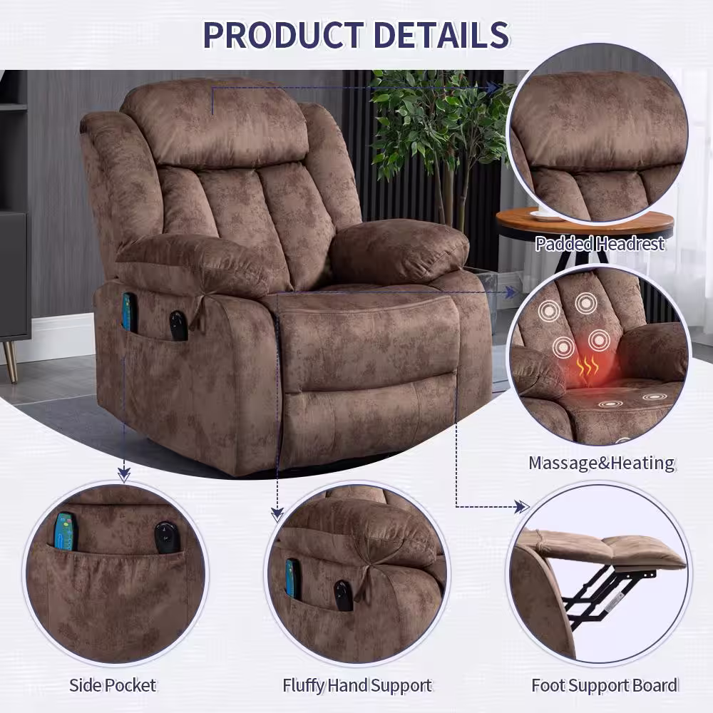aisword Premium Massive Velvet Brown Recliners Lift Sofa Chair (Up to 340lbs) with Massage,Heating and Assisted Standing
