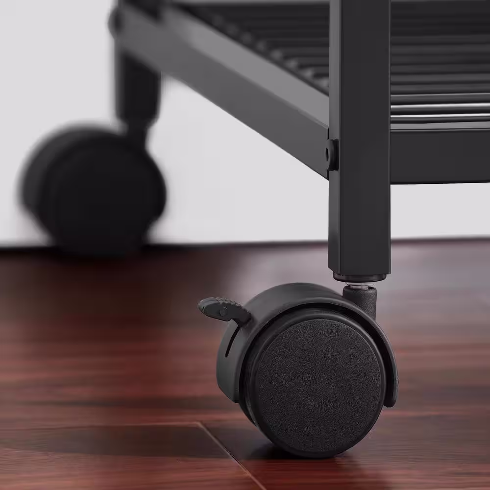 StyleWell Industrial Black Metal Rolling Kitchen Microwave Cart with Wooden Top and 2-Tier Shelving (24