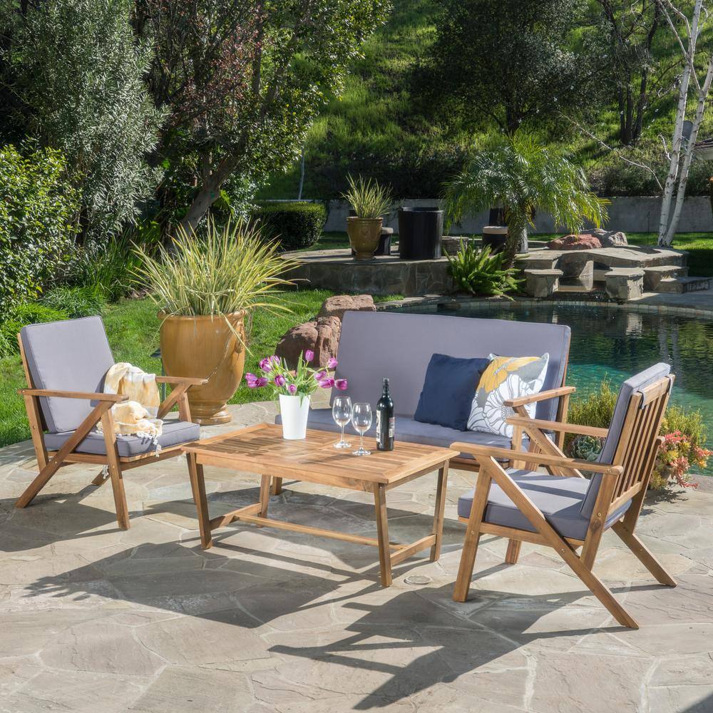 Noble House Panama Teak Finish 4-Piece Wood Patio Conversation Set with Grey Cushions