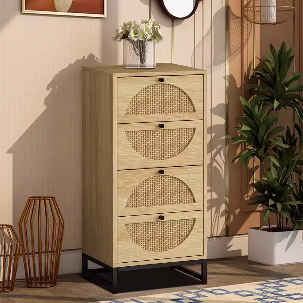 YOFE Natural Rustic 4-Drawer Accent Storage Cabinet for Bedroom, Living Room, Study with Natural Rattan Decor