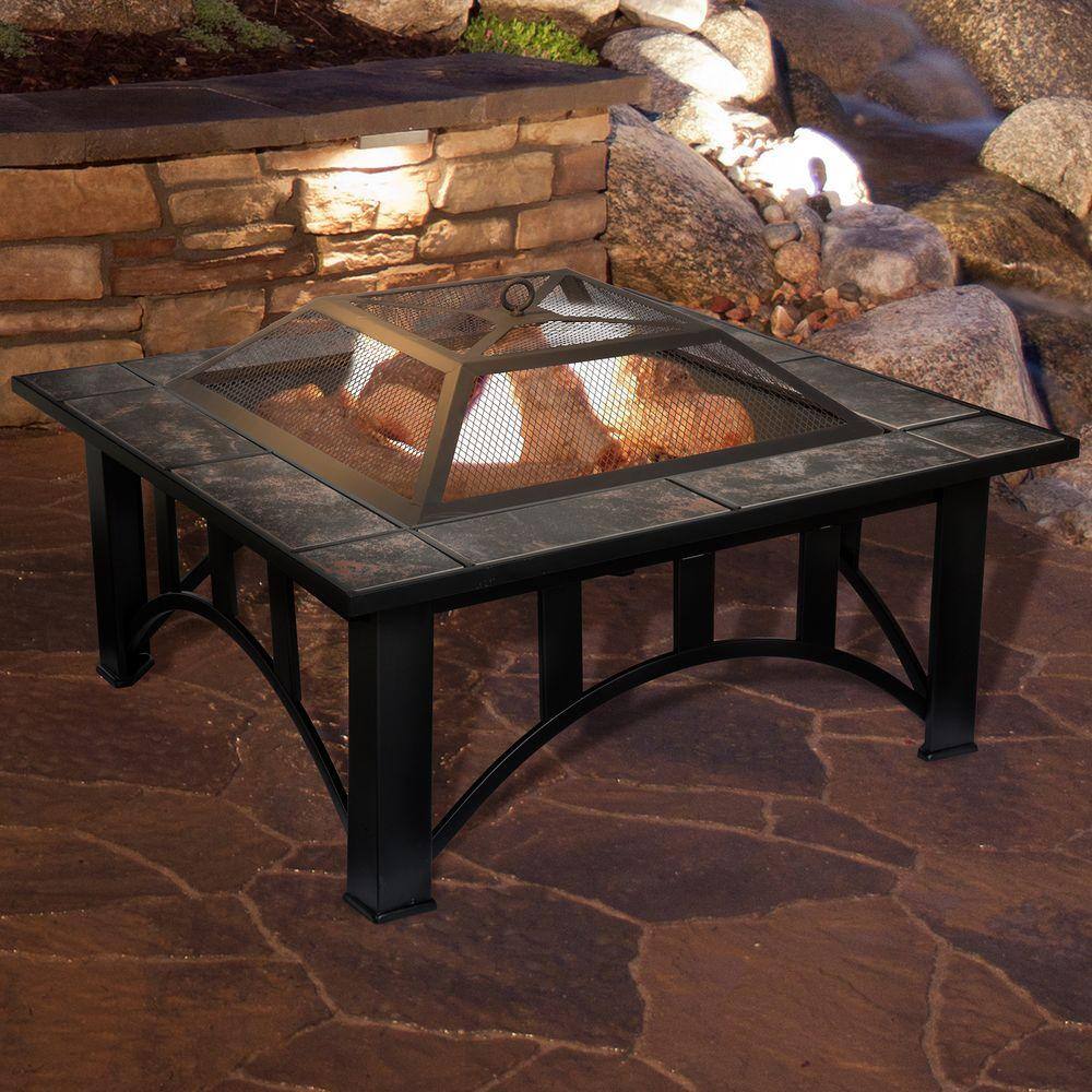 Pure Garden 33 in. Square Steel Tile Fire Pit with Cover