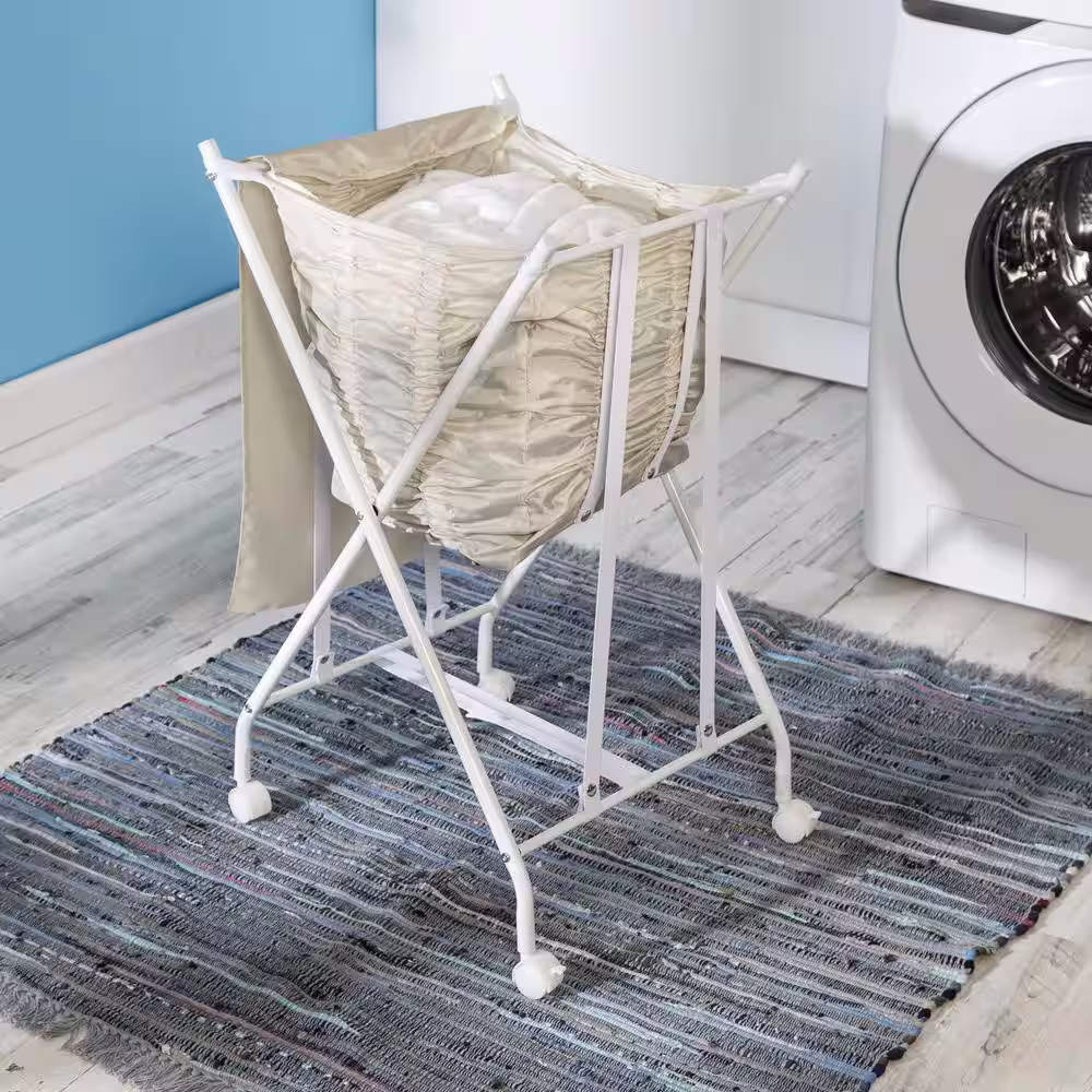 Honey-Can-Do White/Natural Steel and Polycotton Single Bounce Back No Bend Laundry Hamper with Wheels