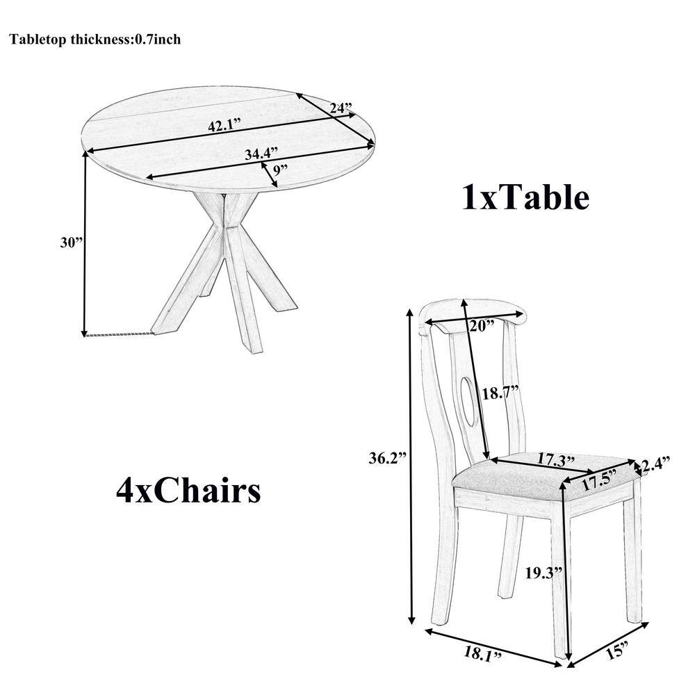 Harper & Bright Designs Rustic Farmhouse 5-Piece Gray Round Drop Leaf Wood Dining Table Set with 4-Padded Dining Chairs