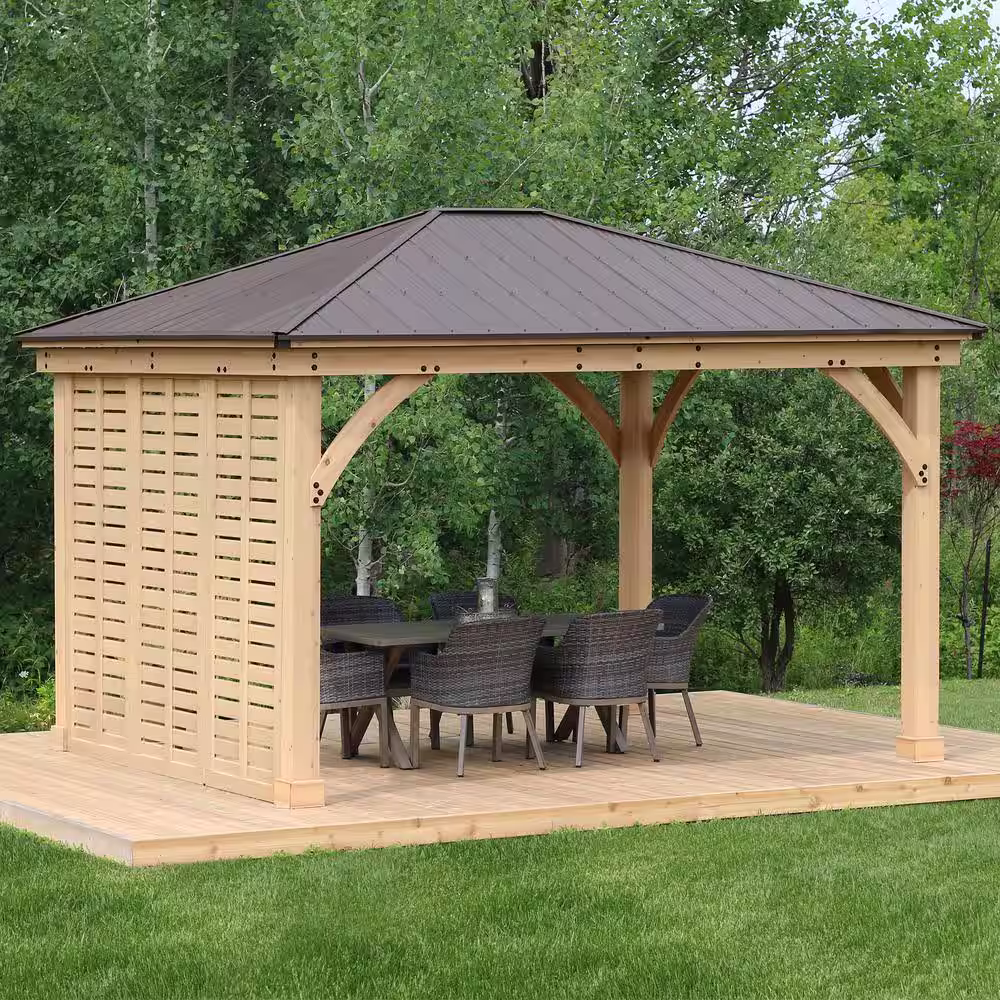 Yardistry Professionally Installed Meridian 12 ft. x 16 ft. Cedar Shade Gazebo with a 12 ft. Privacy Wall and Brown Aluminum Roof