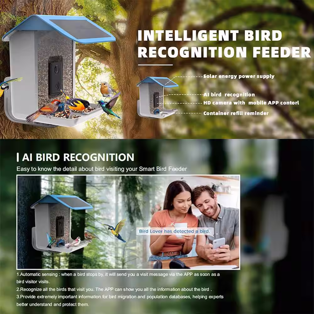 None Smart Bird Feeder Bird House with 1080P HD Camera, Solar Roof, Built-in Microphone (Include 32G SD Card)