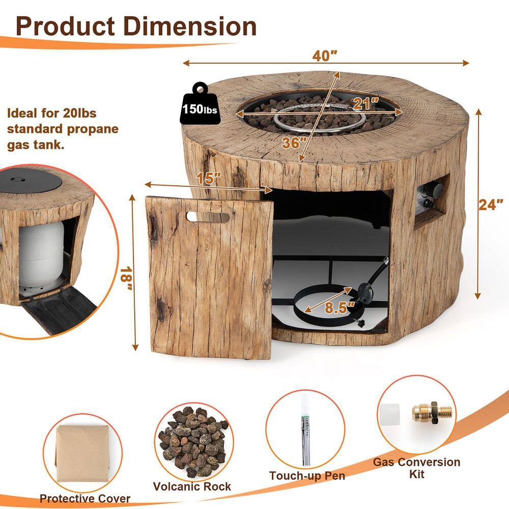 None 40 in. Stone Metal Round Propane Gas Fire Pit Table Wood-Like Surface with Laval Rock PVC Cover