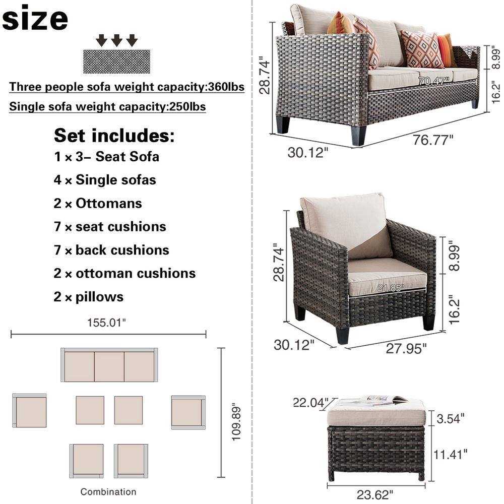 OVIOS Positano Gray 7-Piece Wicker Patio Conversation Set with with Beige Cushions