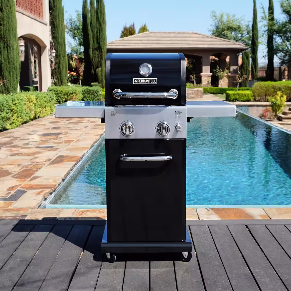 PERMASTEEL 2-Burner Pedestal Propane Gas Grill in Black With Folding Side Shelves