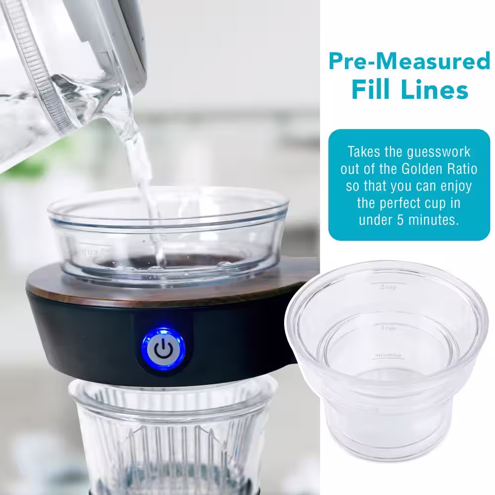 Tribest Shine Automatic Pour Over Coffee Machine with 2 Cup Double Wall Glass Carafe, Black with Wood Finish