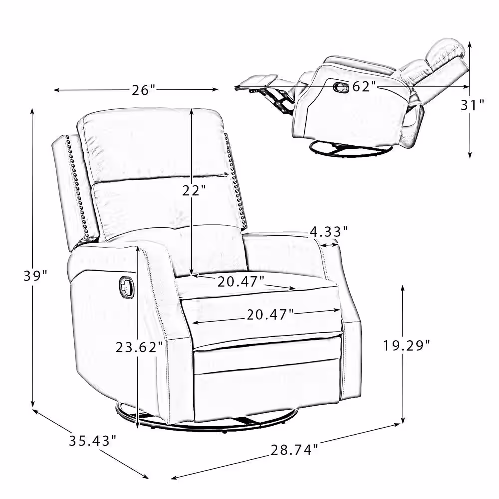 None Ifigenia 28.74 in. Wide Brown Genuine Leather Swivel Rocker Recliner with Tufted Back