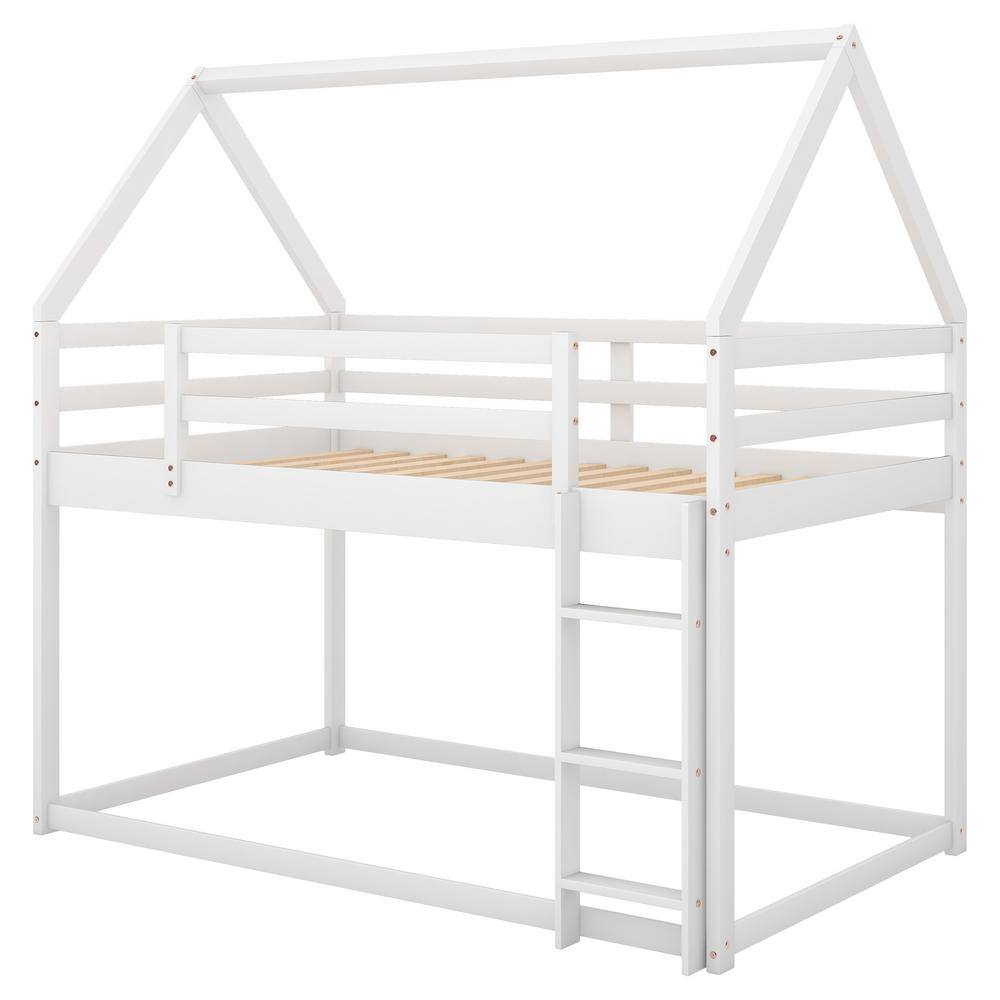 Harper & Bright Designs White Twin Over Twin Wood House Bunk Bed with Ladder