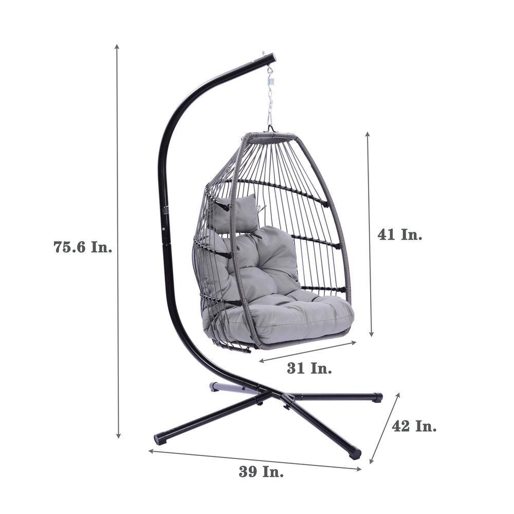 None 3.5 ft. Folding Hanging Chair Rattan Swing Hammock With Cushion and Pillow in Grey