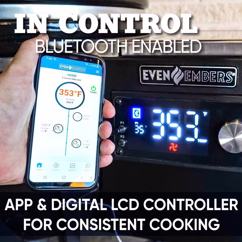 Even Embers Pellet Grill Kamado Smoker Ceramic with Bluetooth in Black