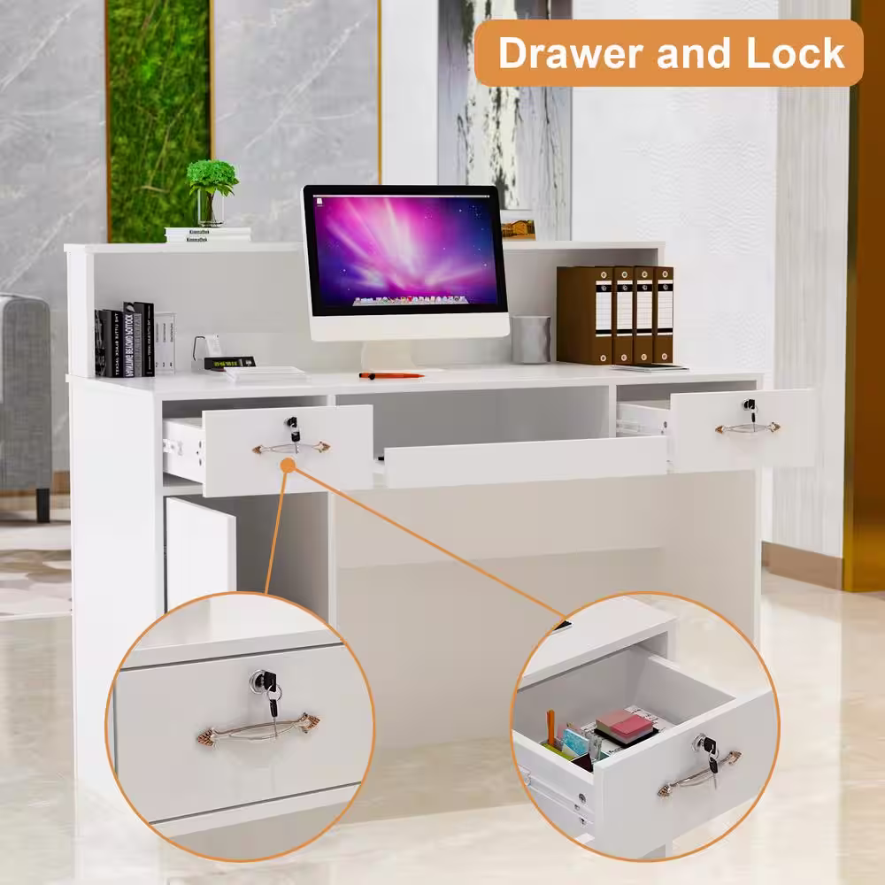 None Wooden Writing Desk, White Computer Desk with 2 Drawers, Keyboard Tray and Eco-Friendly Paint Finish, 47.2 in. W