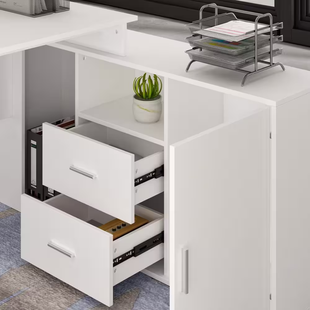 None White L-Shaped MDF Computer/Writing Desk, with 2 Drawers, Open Shelves and Cabinet, 55.1 in. W x 29.4 in.H