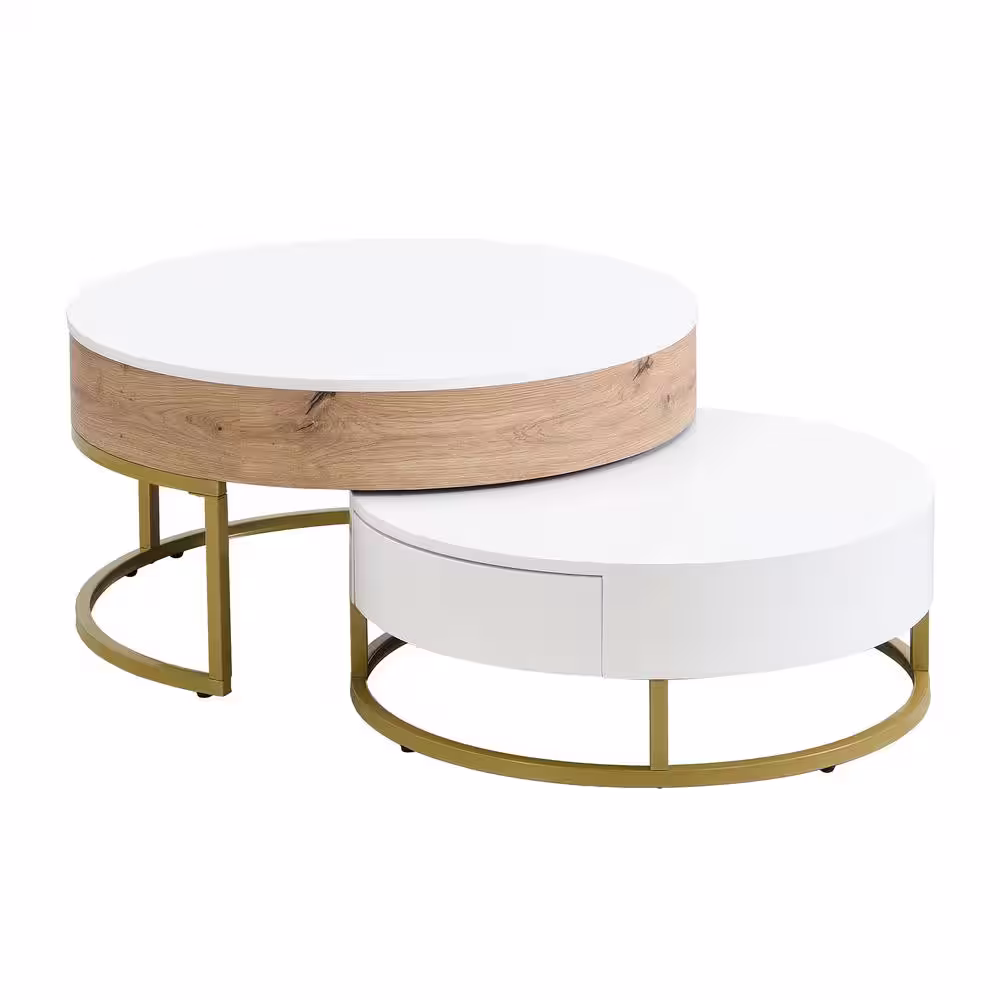 Harper & Bright Designs Multifunctional 31.5 in. White and Natural Round MDF Lift-top Nesting Coffee Table, Accent Table Set with Drawers