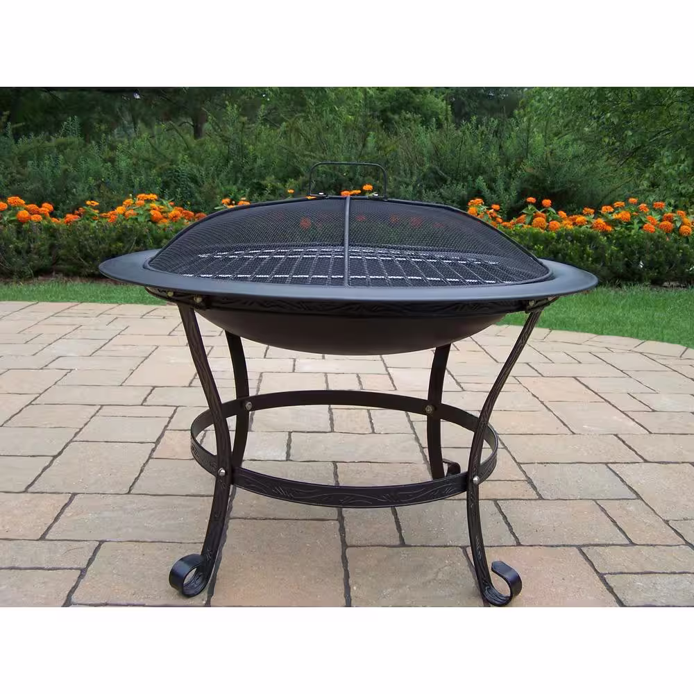 None 30 in. Round Fire Pit with Grill and Spark Guard Screen Lid