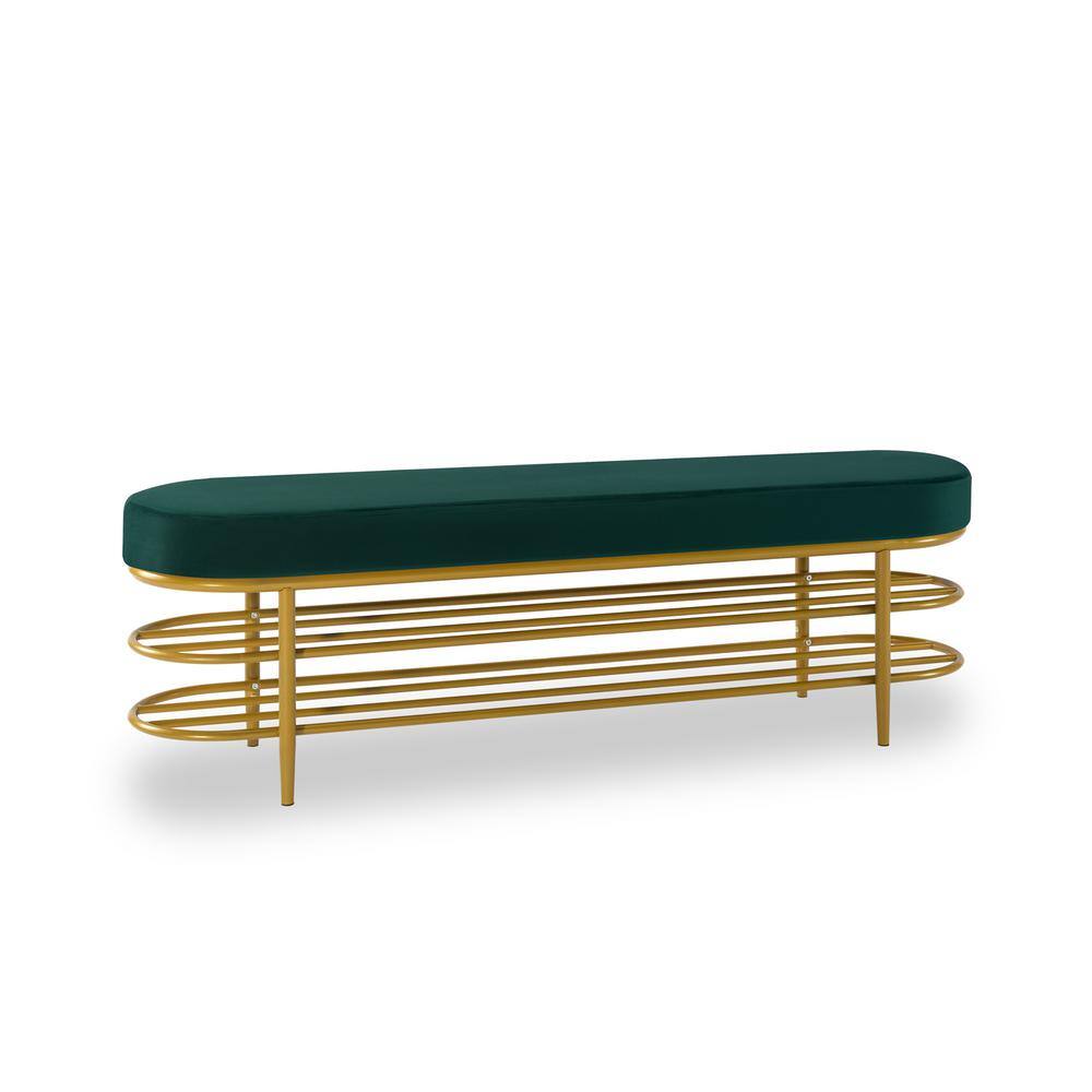 None 17.7 in. H x 54.9 in. W Dark Green Velvet Shoe Storage Bench with 2-Storage Shelves and Metal Frame