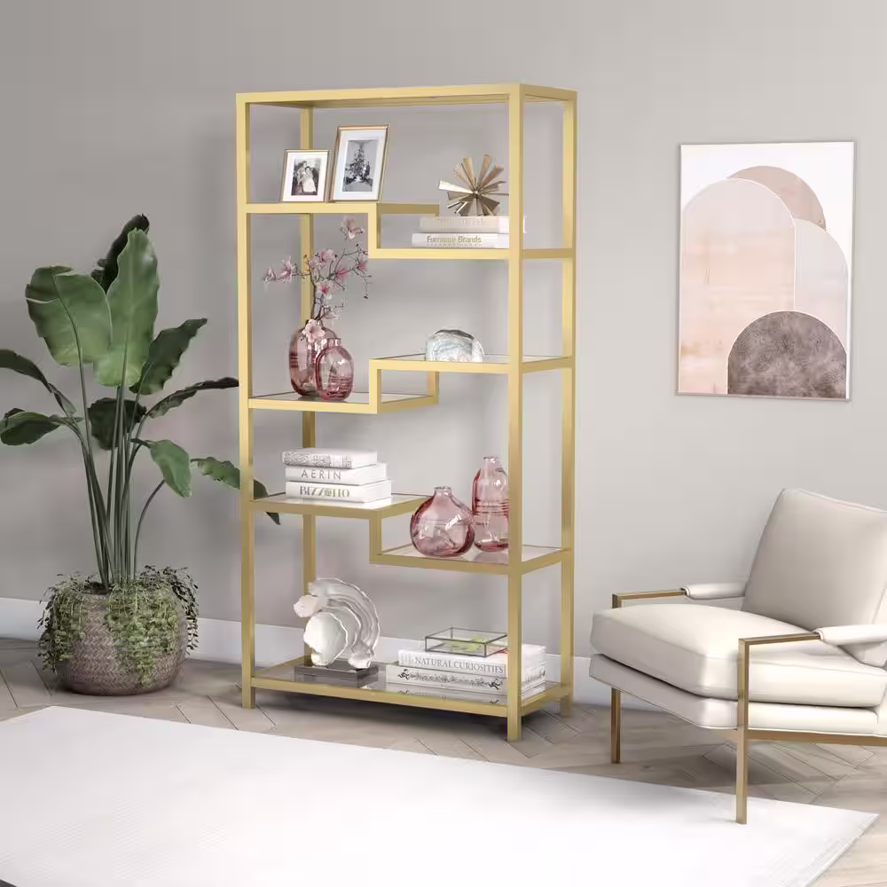 Meyer&Cross Johann 68 in. Metal 4-Shelf Brass Finish Bookcase
