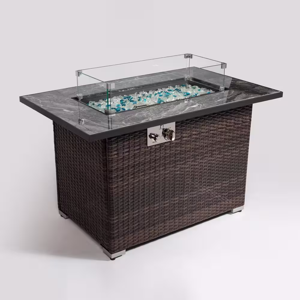 None Brown 44 in. Wicker Outdoor Gas Fire Pit Table, Propane Fire Table with Ceramic Tabletop