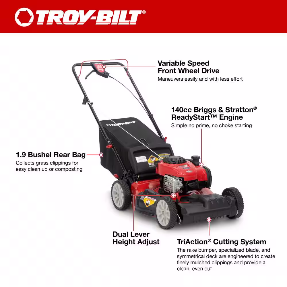 Troy-Bilt 21 in. 140 cc Briggs and Stratton Gas Engine Self Propelled Lawn Mower with Rear Bag and Mulching Kit Included