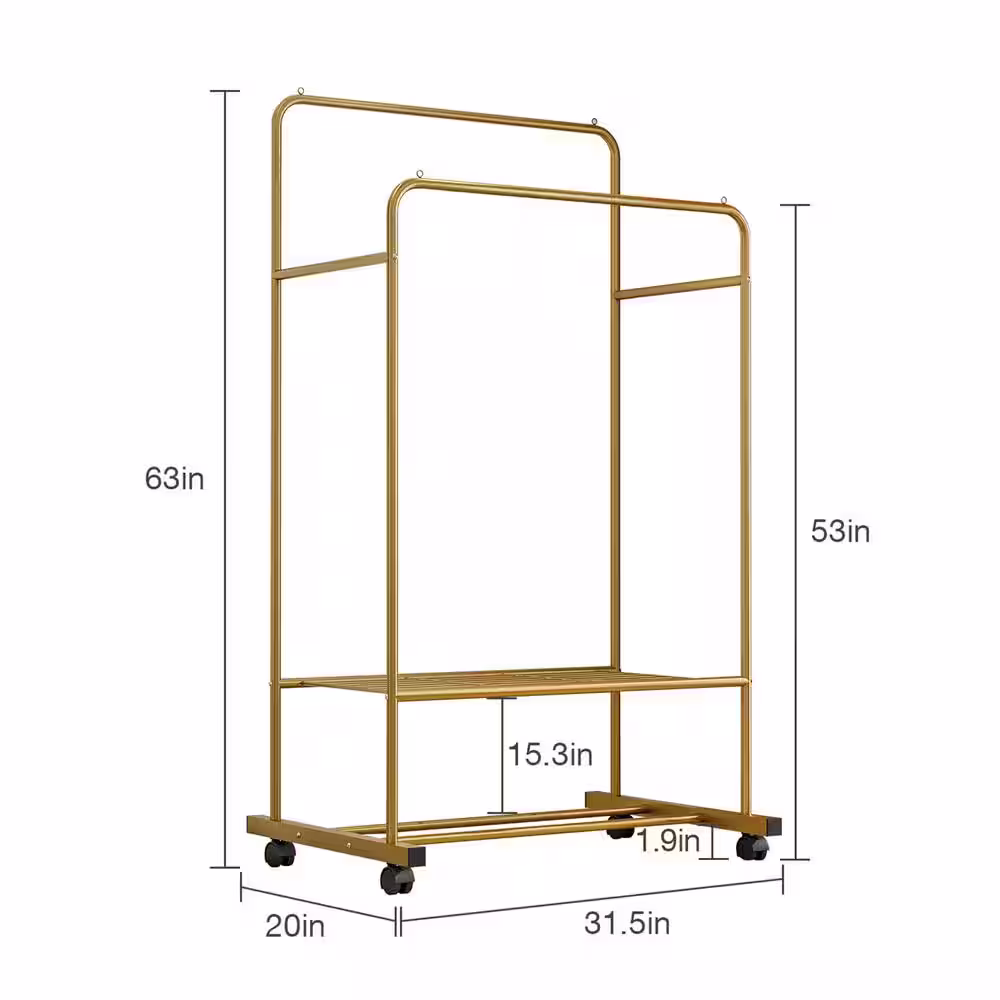 None Gold Iron Garment Clothes Rack Double Rod 31 in. W x 63 in. H