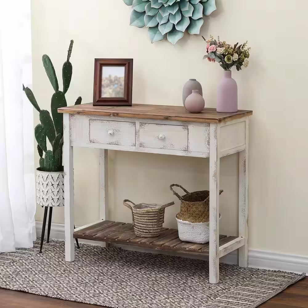 LuxenHome 36 in. Distressed White 2-Drawer Rectangle Wood Entryway and Console Table