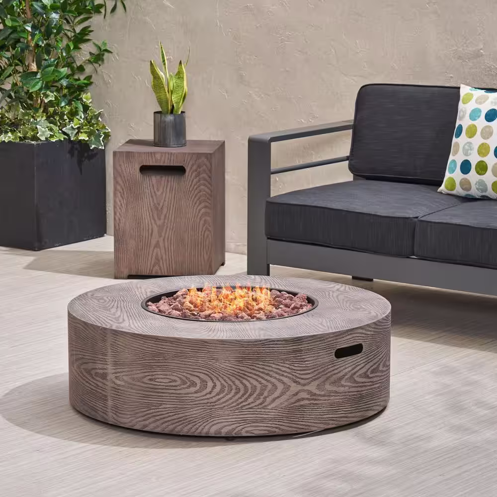 Noble House Midway Metal Brown Wood Pattern Round Fire Pit Table with Tank Holder