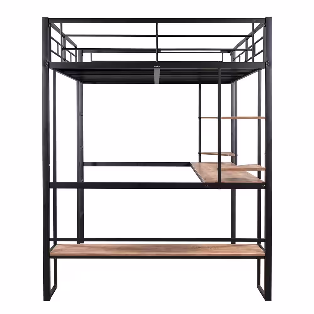 Harper & Bright Designs Black Metal Frame Full Size Loft Bed with Wooden Long Desk, 2-Tier Shelves and Simple Bench