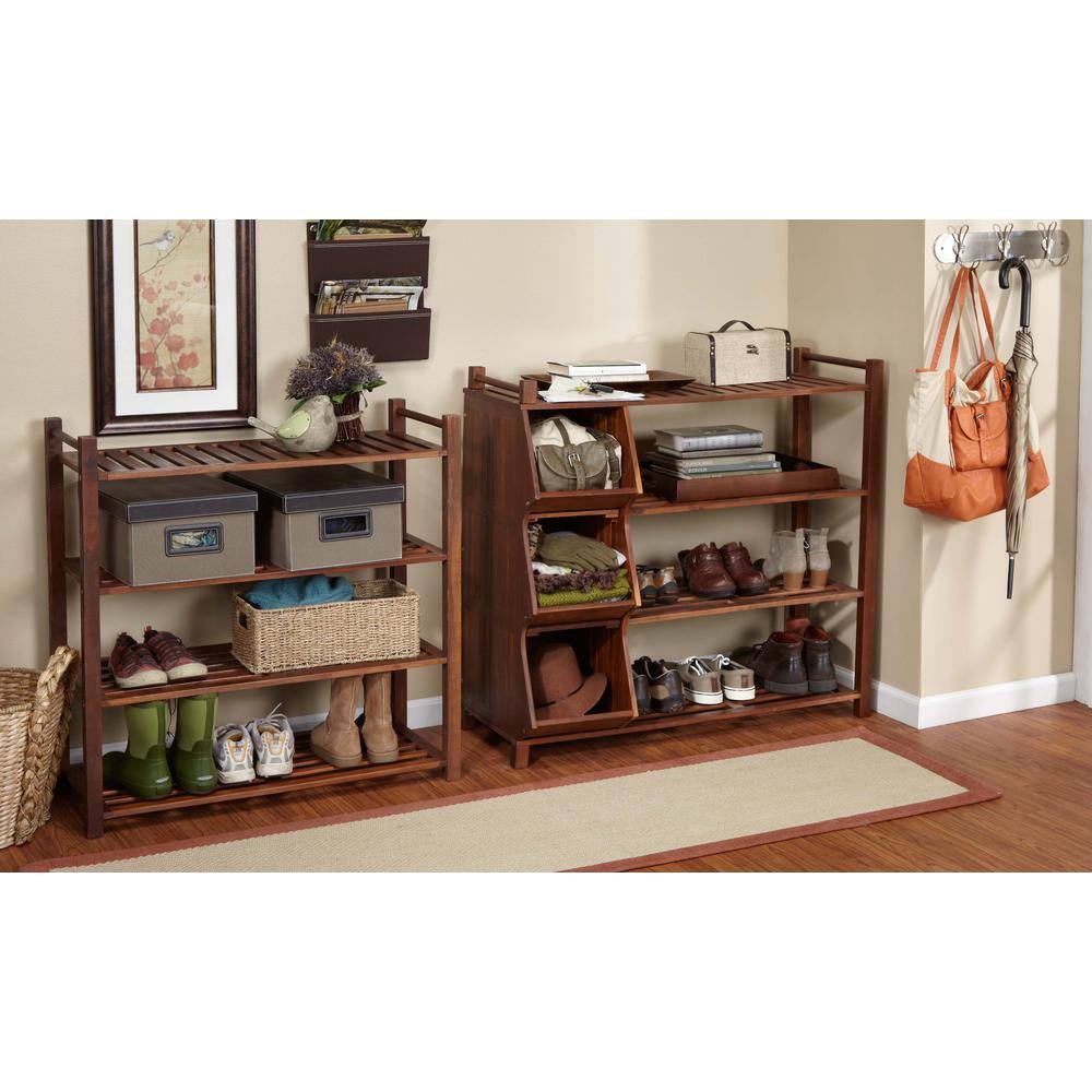 None 37.80 H 9-Pair 3-Tier Brown Wood Shoe Rack