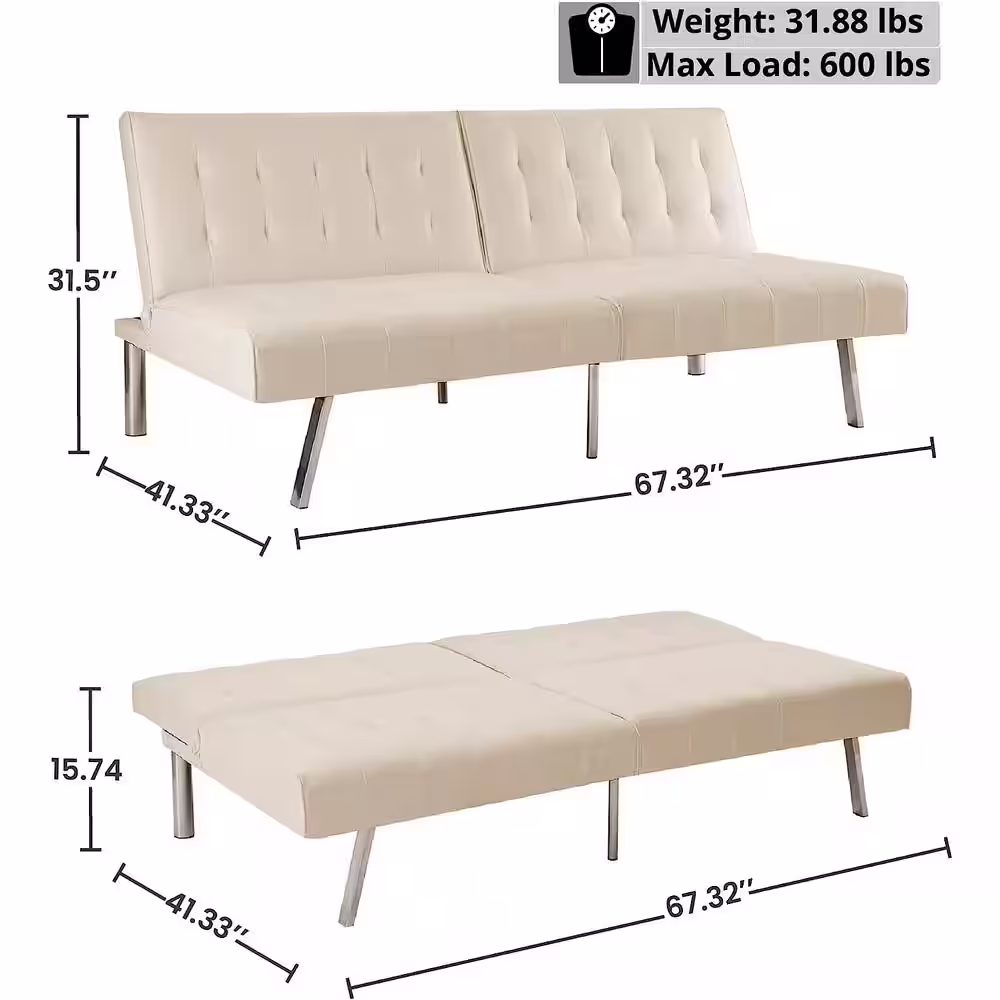 HOMESTOCK Cream, Faux Leather Tufted Split Back Futon Sofa Bed, Couch Bed, Futon Convertible Sofa Bed with Metal Legs