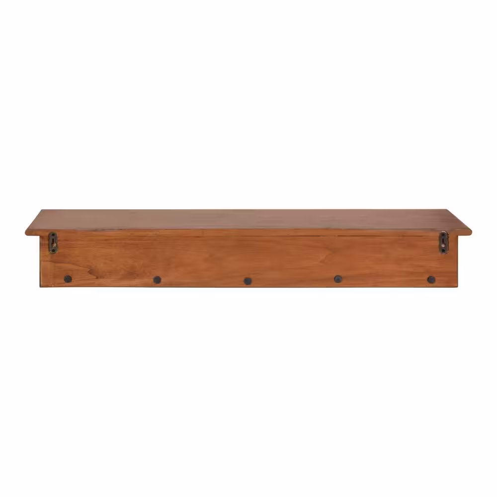 Kate and Laurel Alta 5.00 in. D 35.75 in. W 5.00 in. H Walnut Brown Wood Floating Decorative Wall Shelf with Hooks