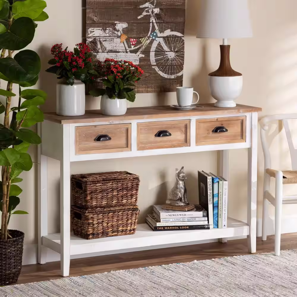 Baxton Studio Benedict 47.2 in. White and Oak Rectangle Wood Console Table