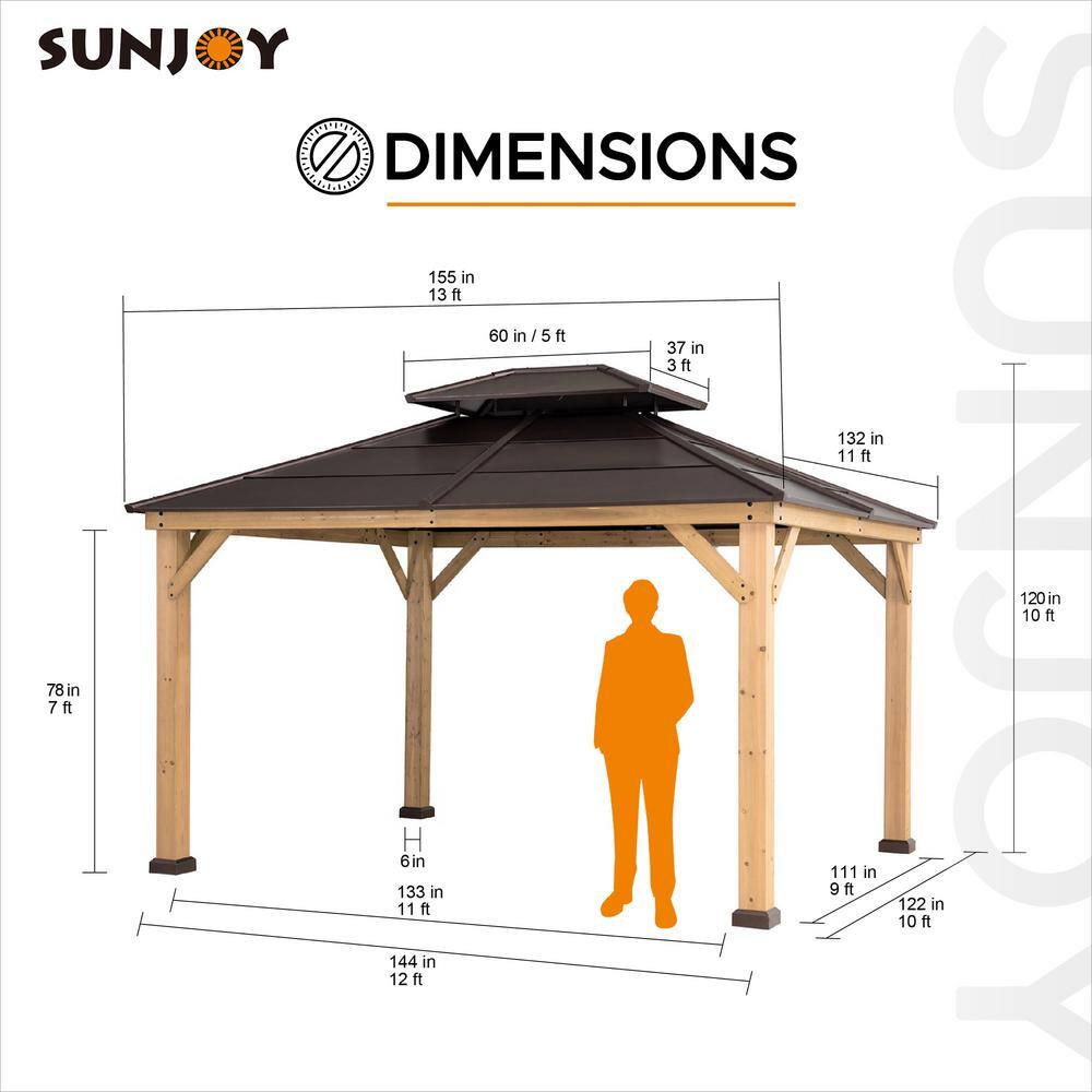 Sunjoy Myla 11 ft. x 13 ft. Cedar Framed Gazebo with Brown Steel 2-Tier Hip Roof Hardtop